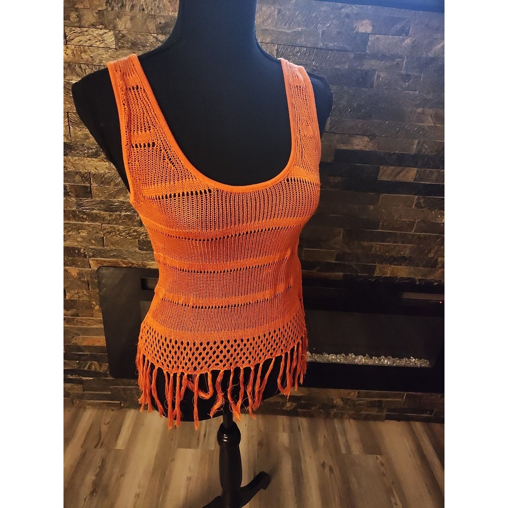 Mustard Seed Orange Crocheted Top With Fringed Hem Size M New With Tag